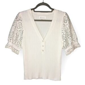 By Anthropologie Lace Puff Sleeve Cotton Blend Sweater Ivory Medium